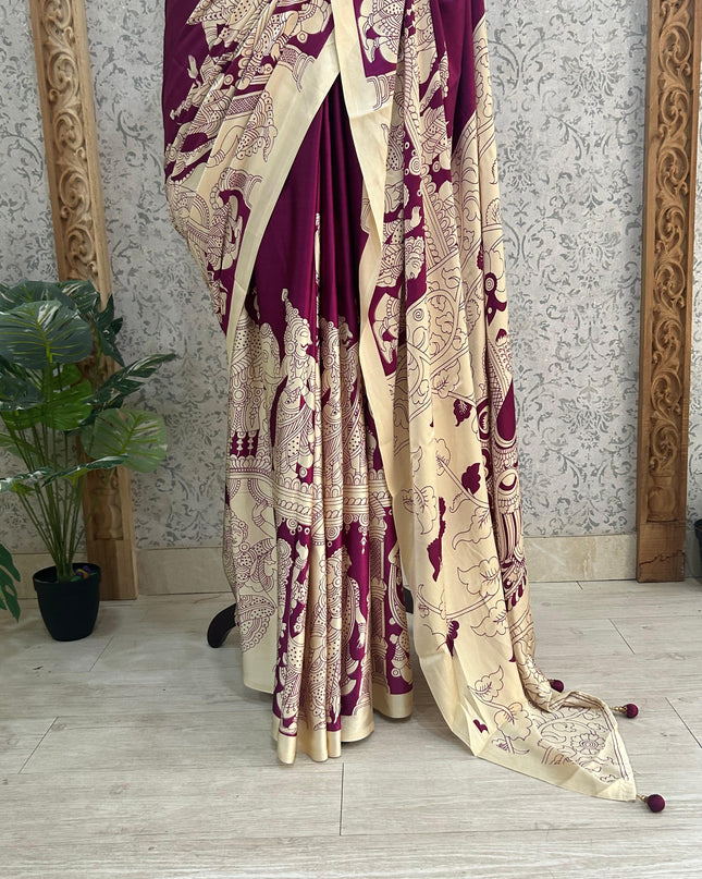Purple satin crepe kalamkari-2 saree SK101