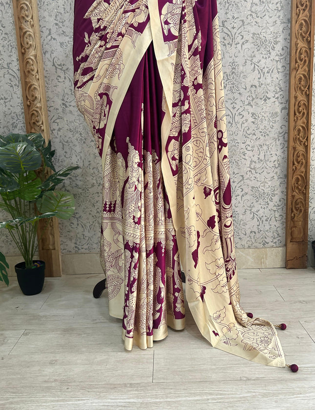 Purple satin crepe kalamkari-2 saree SK101