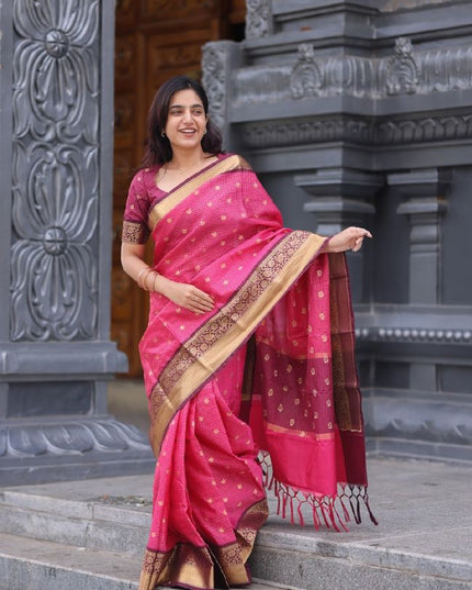 Shiny pink n wine kanchi silk saree
