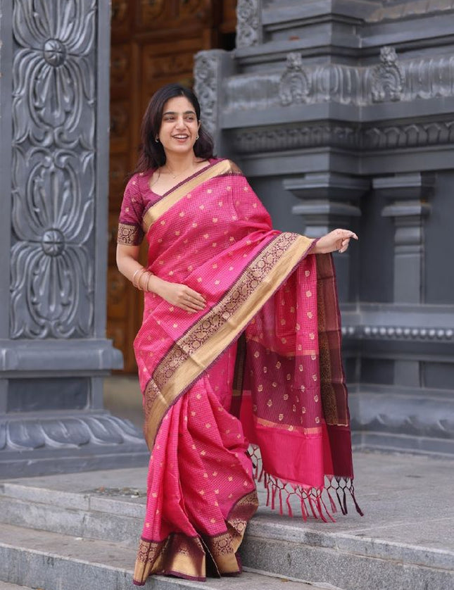 Shiny pink n wine kanchi silk saree