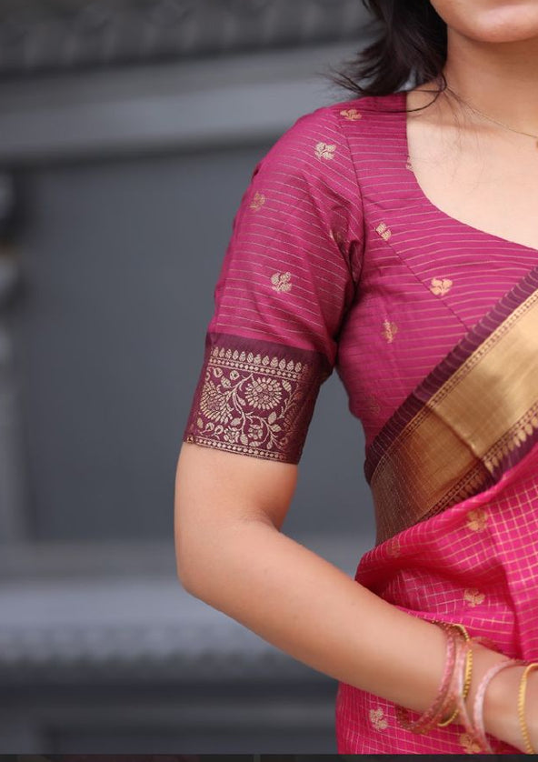 Shiny pink n wine kanchi silk saree