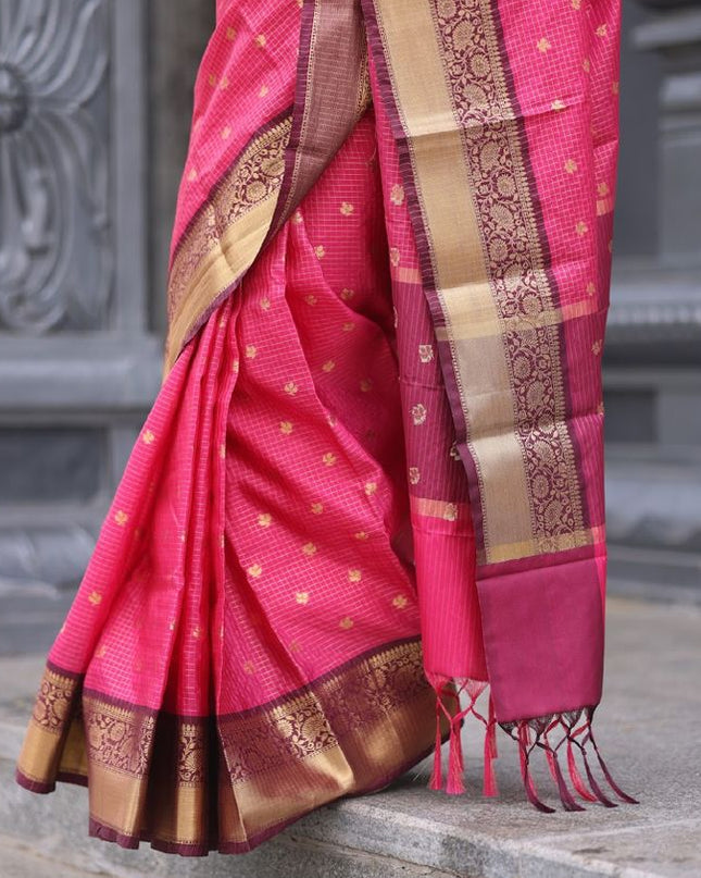 Shiny pink n wine kanchi silk saree