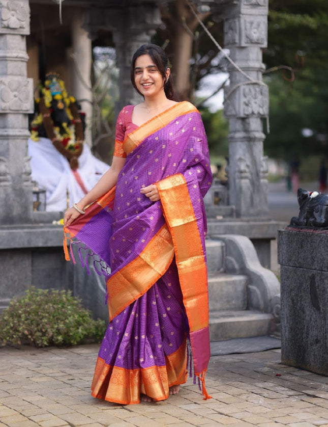 Shiny purple n orange kanchi silk saree