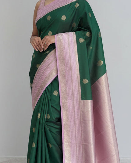 Bottle green n pink soft silk - 102