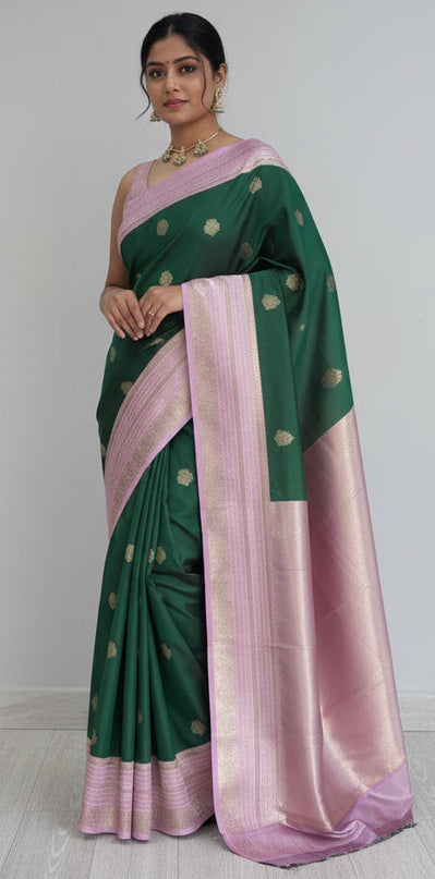 Bottle green n pink soft silk - 102