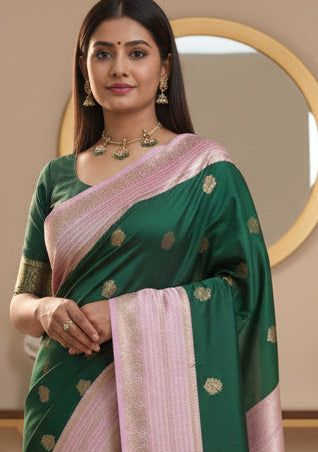 Bottle green n pink soft silk - 102