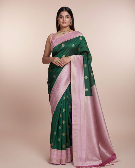 Bottle green n pink soft silk - 102