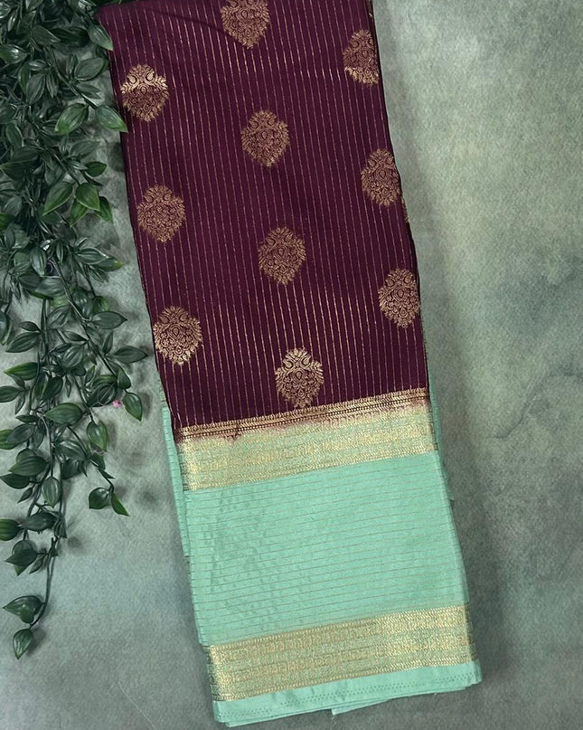 Wine n sea green stripes -102 Saree