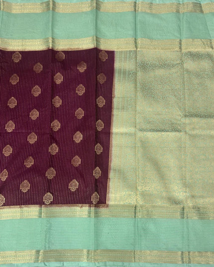 Wine n sea green stripes -102 Saree