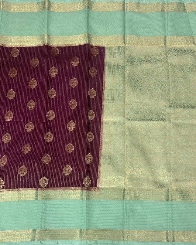 Wine n sea green stripes -102 Saree