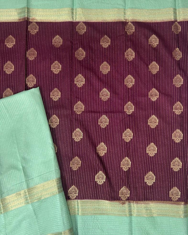 Wine n sea green stripes -102 Saree