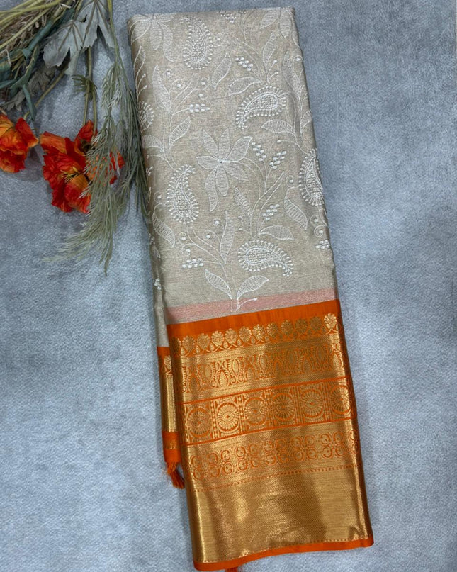 Orange Chikankari tissue kanchi saree