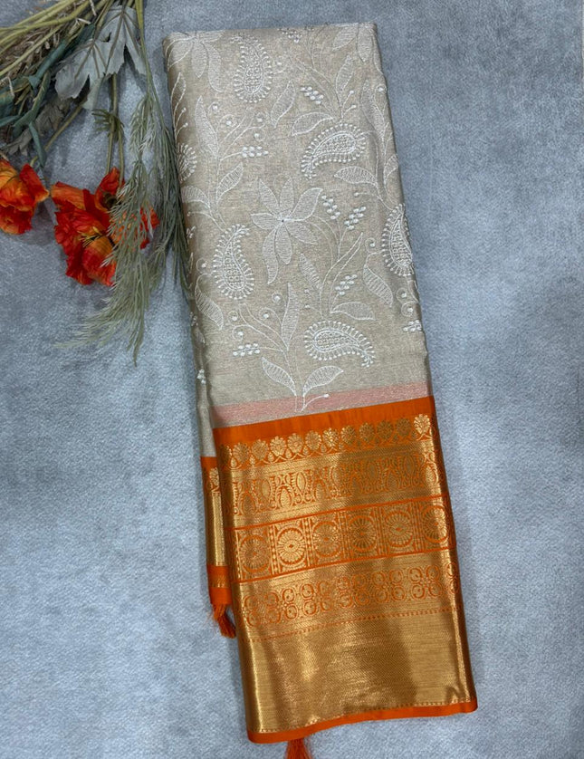 Orange Chikankari tissue kanchi saree