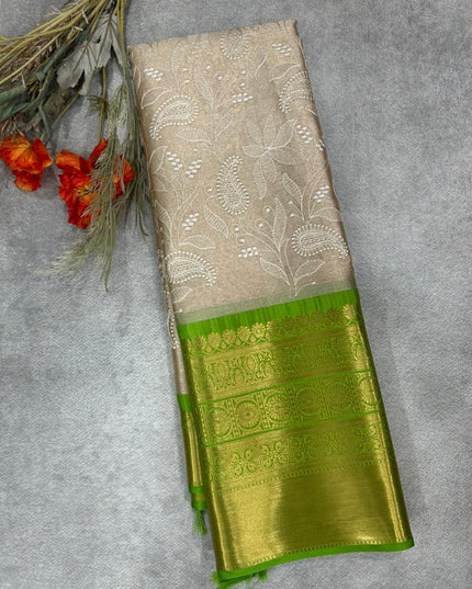 Green Chikankari tissue kanchi saree