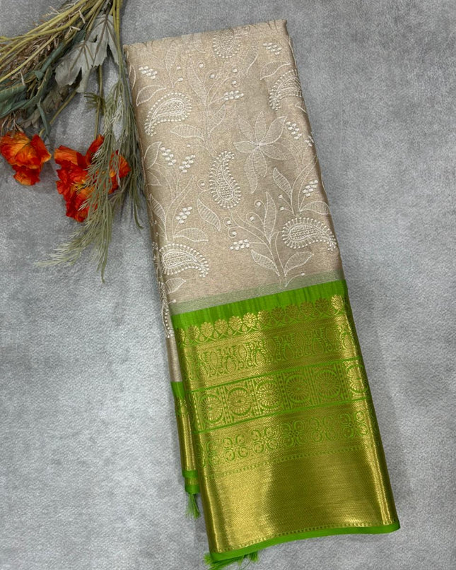 Green Chikankari tissue kanchi saree