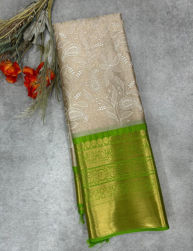 Green Chikankari tissue kanchi saree