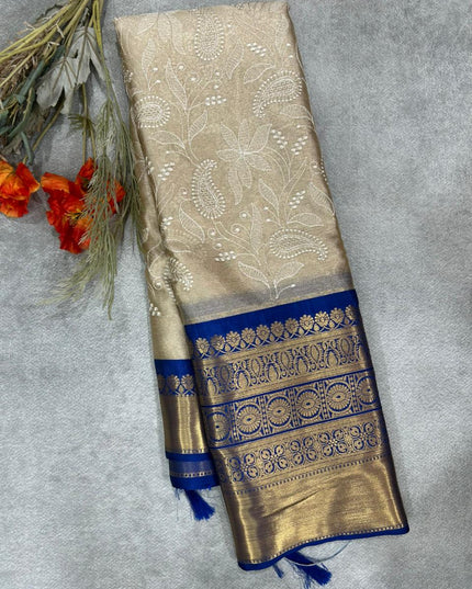 Dark Blue Chikankari tissue kanchi saree