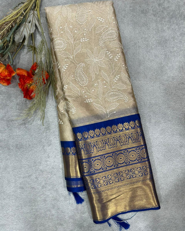 Dark Blue Chikankari tissue kanchi saree