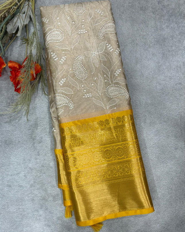 Yellow Chikankari tissue kanchi saree
