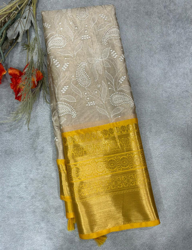 Yellow Chikankari tissue kanchi saree