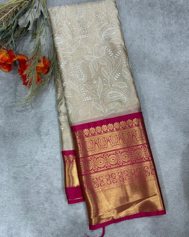 Dark pink  Chikankari tissue kanchi saree