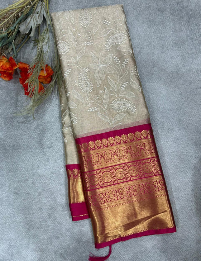 Dark pink  Chikankari tissue kanchi saree