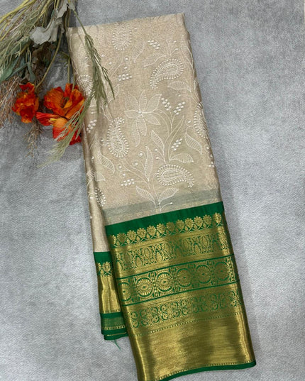 Dark Green Chikankari tissue kanchi saree