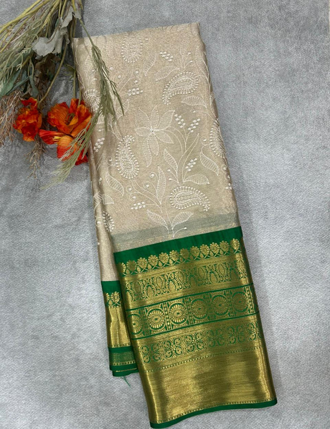 Dark Green Chikankari tissue kanchi saree