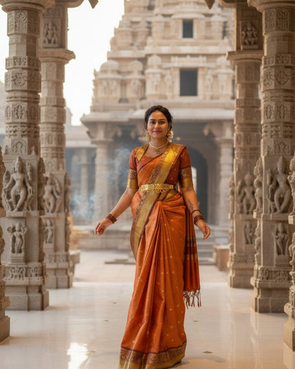 Rust orange with Brown kanchi silk saree