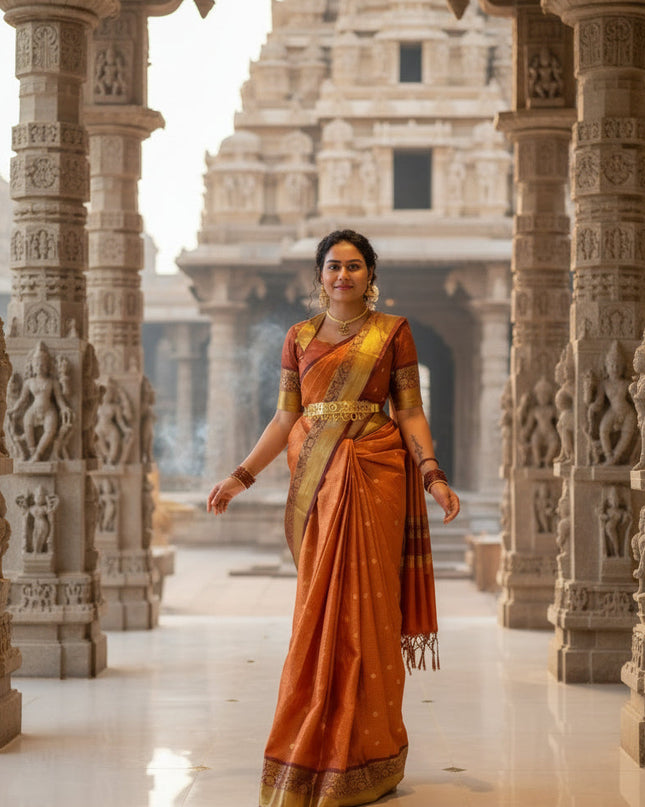 Rust orange with Brown kanchi silk saree