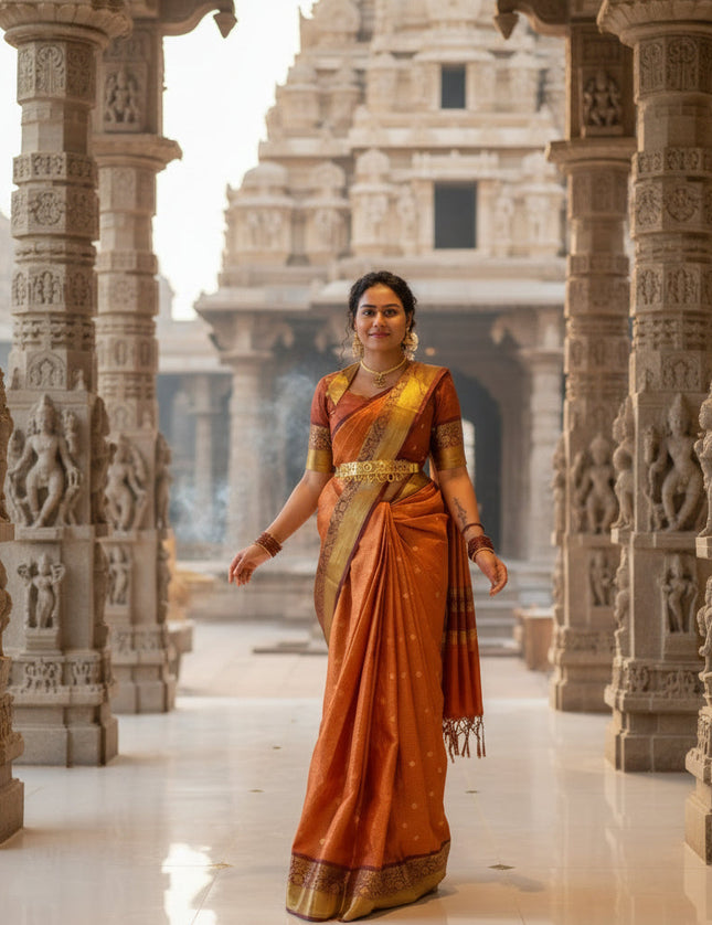 Rust orange with Brown kanchi silk saree