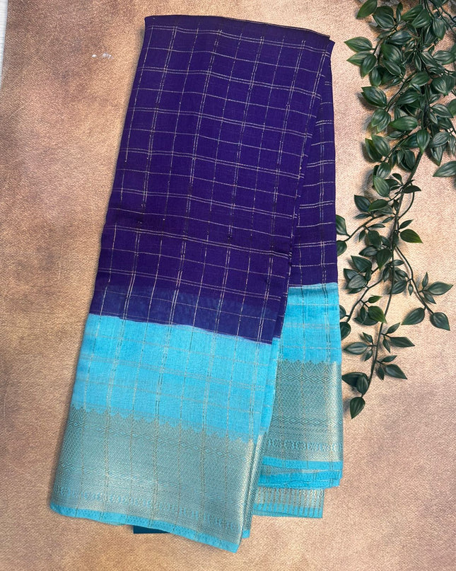 Purple n sky blue checks soft tussar saree