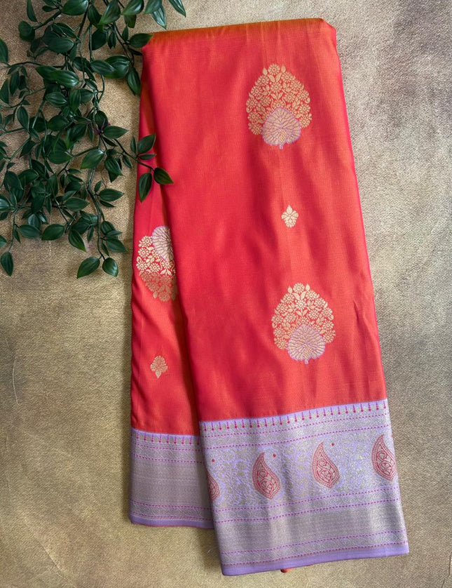Orange with light Purple soft silk saree - 12