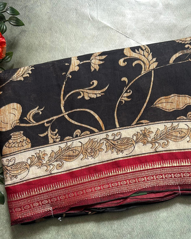 Black digital printed soft tussar 104 crepe saree
