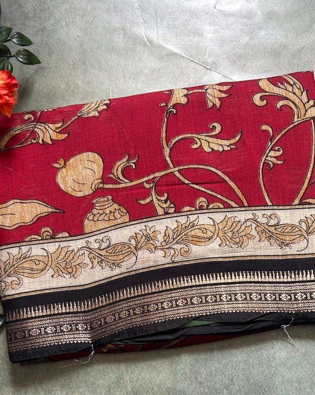 Red digital printed soft tussar 104 crepe saree