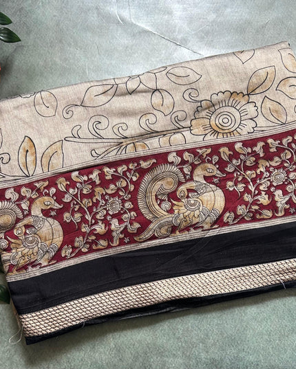 Cream digital printed soft tussar 104 crepe saree