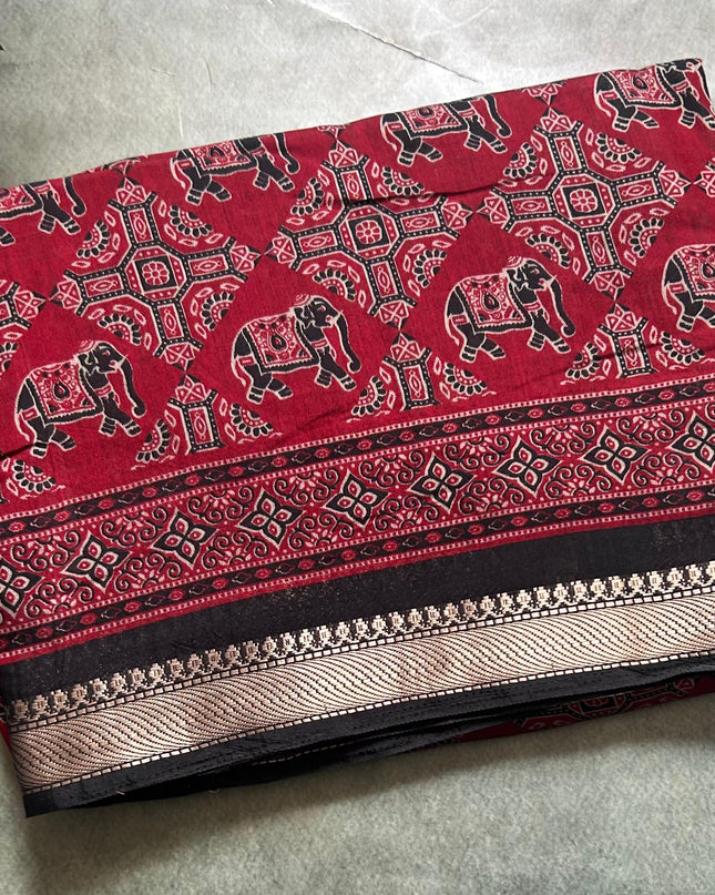 Red digital printed soft tussar 104 crepe saree