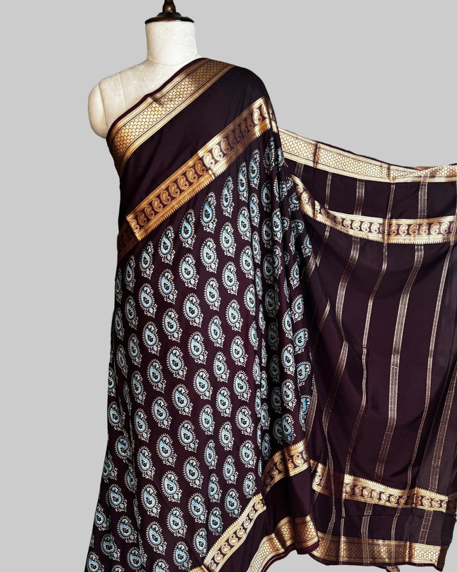 Dark brown bentex border semi mysore silk saree BMS105