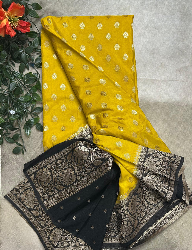 Mustard yellow n black 2 semi georgette SG105 saree