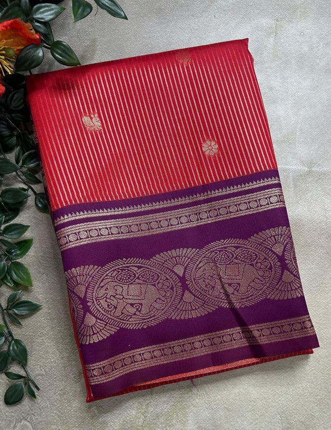 Red stripes contrast border soft silk ST105 saree