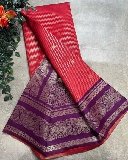 Red stripes contrast border soft silk ST105 saree