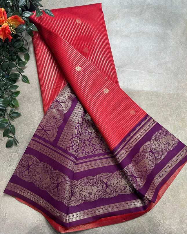 Red stripes contrast border soft silk ST105 saree