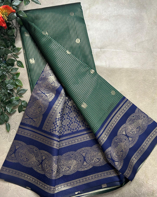 Bottle green stripes contrast border soft silk ST105 saree