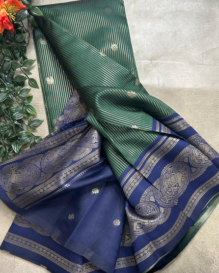 Bottle green stripes contrast border soft silk ST105 saree