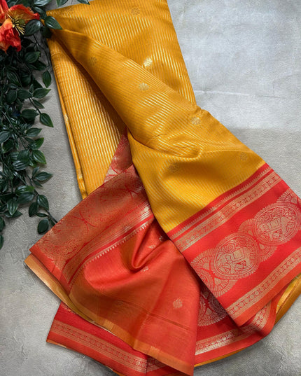 Yellow stripes contrast border soft silk ST105 saree