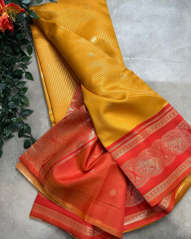 Yellow stripes contrast border soft silk ST105 saree