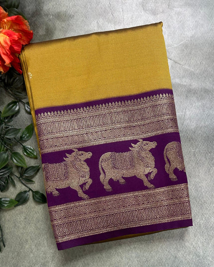Olive yellow bentex border soft silk ST105 saree
