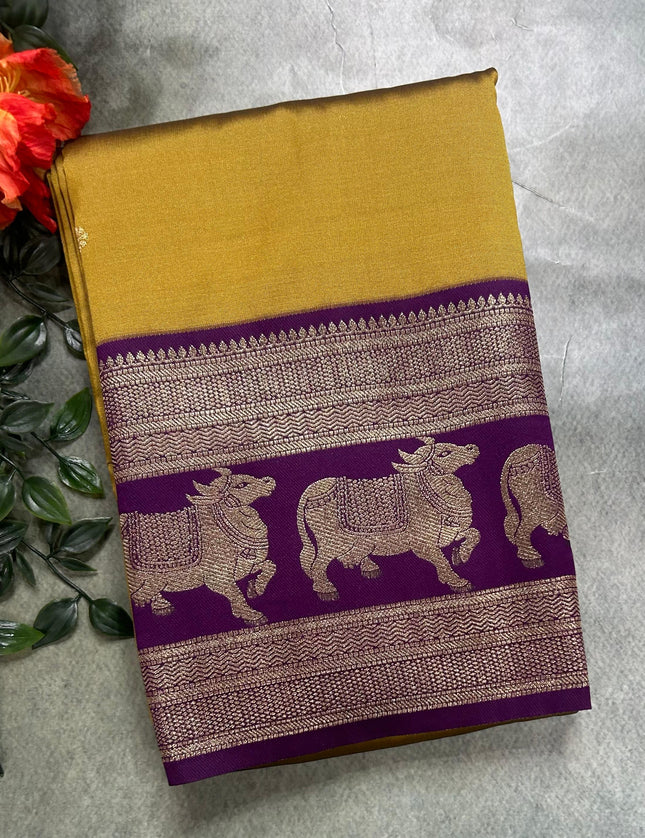 Olive yellow bentex border soft silk ST105 saree