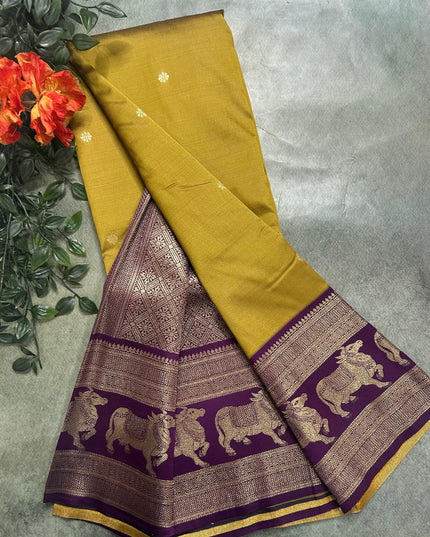 Olive yellow bentex border soft silk ST105 saree