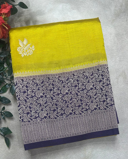 Neon yellow small border semi silk crepe saree (RIA106)